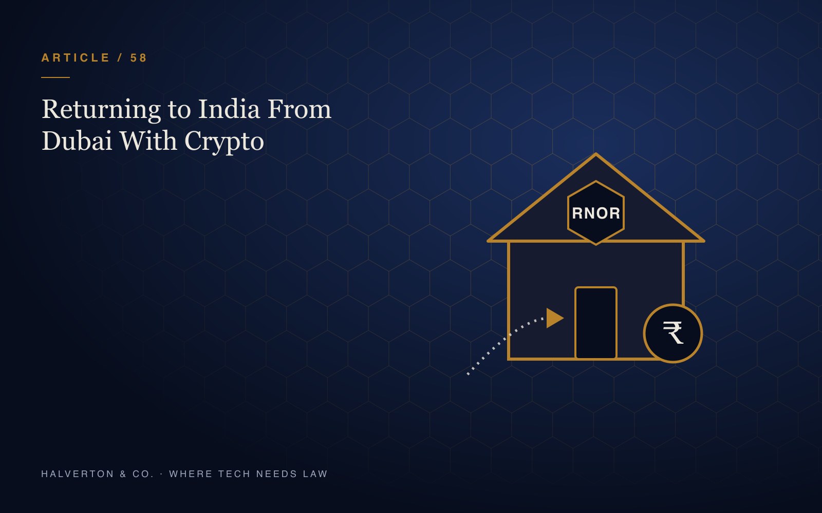 An illustration of a house with an RNOR badge, a homeward arrow and a rupee coin, on a navy and gold background, for an article on tax planning when returning to India from Dubai with crypto.