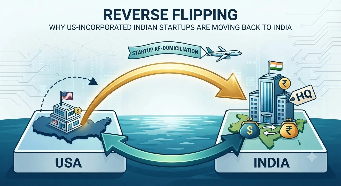 An infographic titled Reverse Flipping showing a large arrow from a US office to an Indian headquarters building, with a startup re-domiciliation banner and dollar and rupee money bags exchanging between the USA and India.