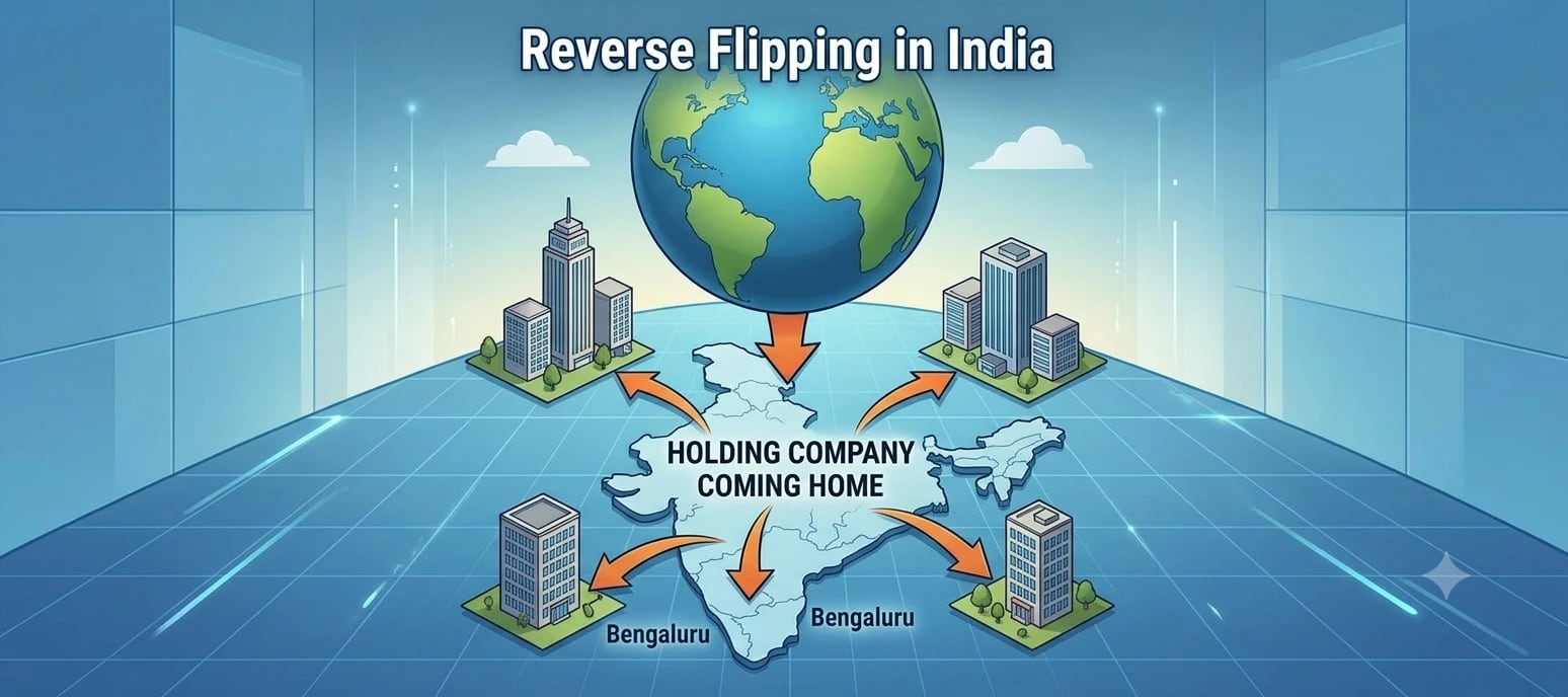 A globe with arrows pointing to buildings across India under the heading Reverse Flipping in India, labelled holding company coming home.