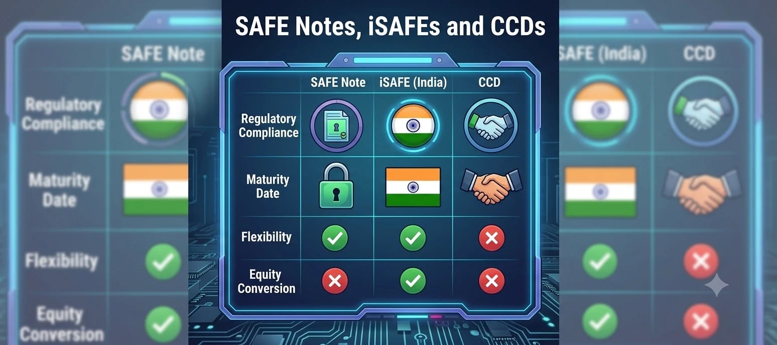 A comparison table of SAFE notes, iSAFEs and CCDs covering regulatory compliance, maturity date, flexibility and equity conversion.