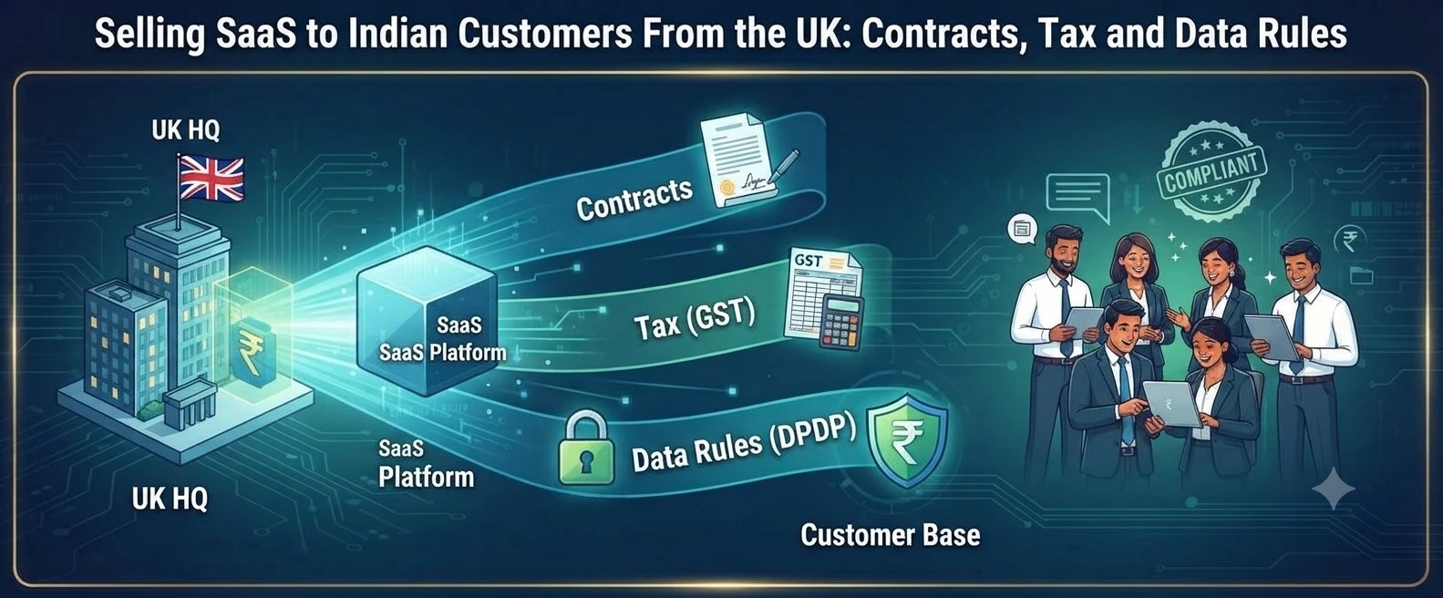 A UK HQ building with a Union Jack sending a SaaS platform through three lanes labelled contracts, tax (GST) and data rules (DPDP) to a team of Indian customers beside a compliant stamp.