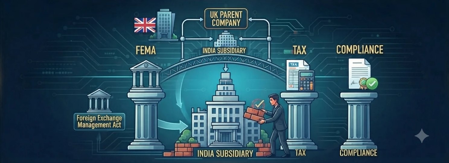 A UK parent company bridging to an Indian subsidiary building, supported by three pillars labeled FEMA, tax and compliance, with the Foreign Exchange Management Act and a businessman laying bricks.