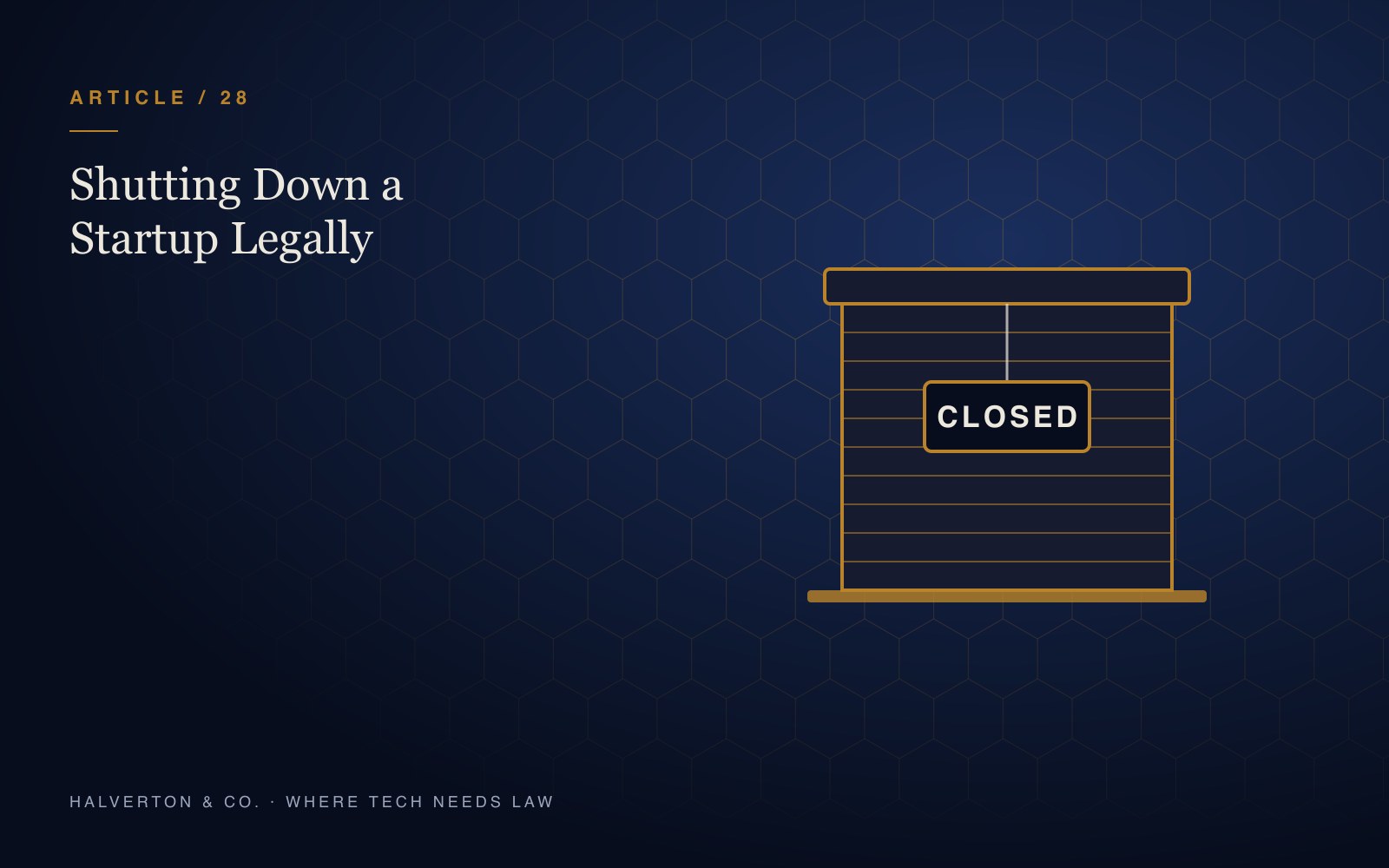 An illustration of a shuttered storefront with a closed sign on a navy and gold background, for an article on shutting down a startup legally in India.