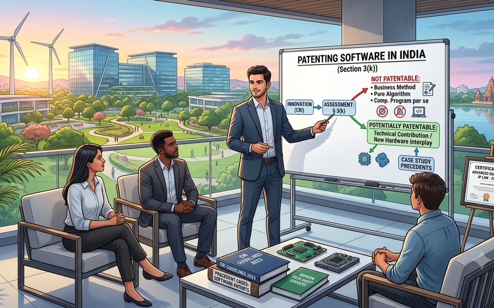A lawyer presenting a whiteboard on patenting software in India under Section 3(k) to three founders on a terrace, with guideline books and circuit boards on the table.