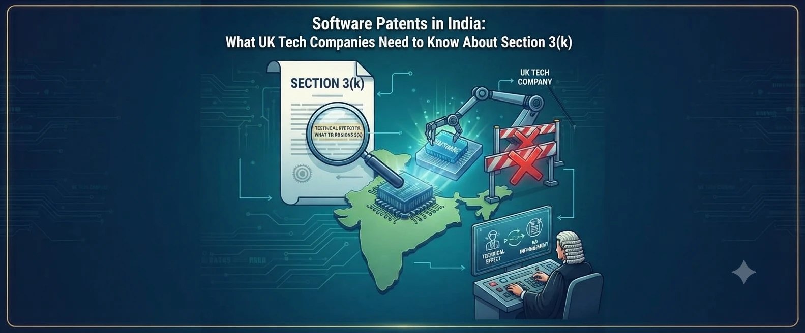 An illustration of Section 3(k) of the Indian Patents Act with a magnifying glass over a document, a software chip on a map of India, a barrier marked with a cross for a UK tech company and a judge at a console showing technical effect.