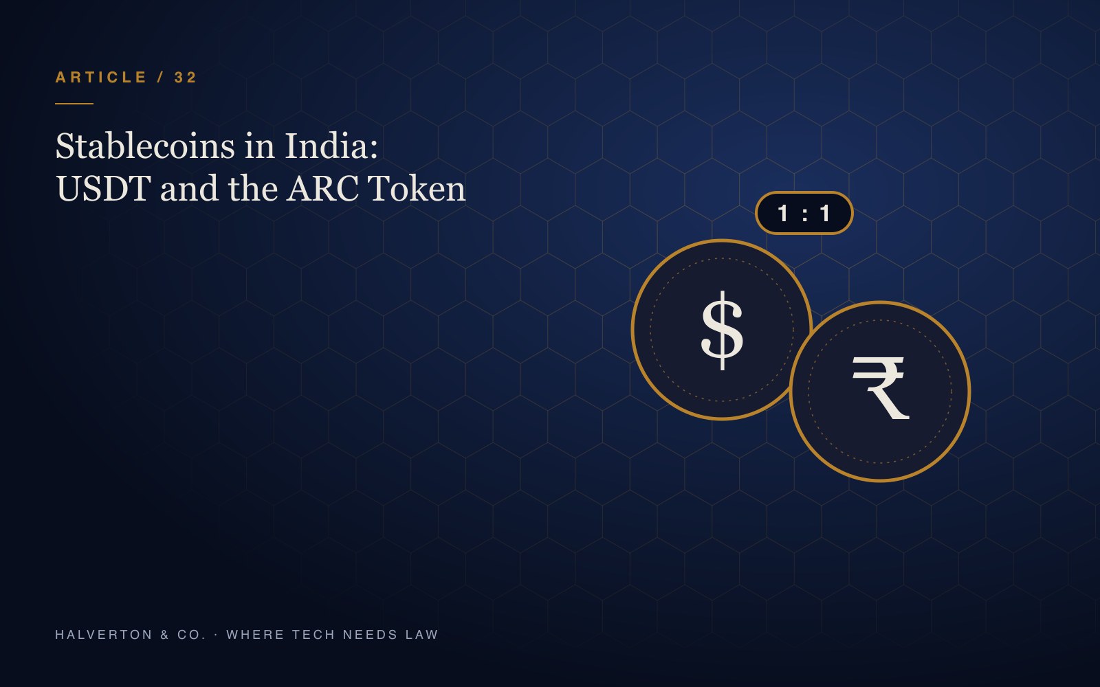An illustration of a dollar-pegged stablecoin and a rupee coin on a navy and gold background, for an article on stablecoins in India.