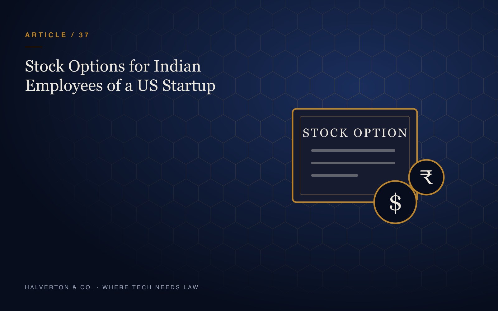 An illustration of a stock option certificate with a US dollar coin and a rupee coin on a navy and gold background, for an article on stock options for Indian employees of a US startup.