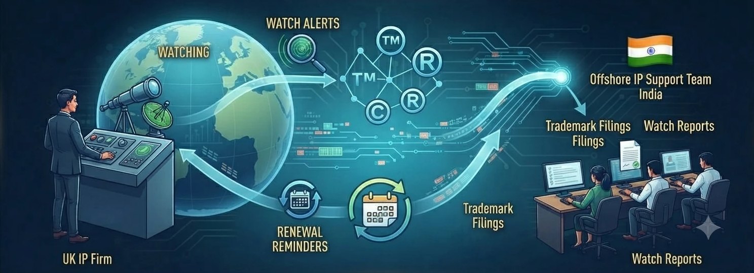 A UK IP firm lawyer at a watch control desk with a telescope and a globe, trade mark symbols, watch alerts and renewal reminders flowing to an offshore IP support team in India handling filings and watch reports.