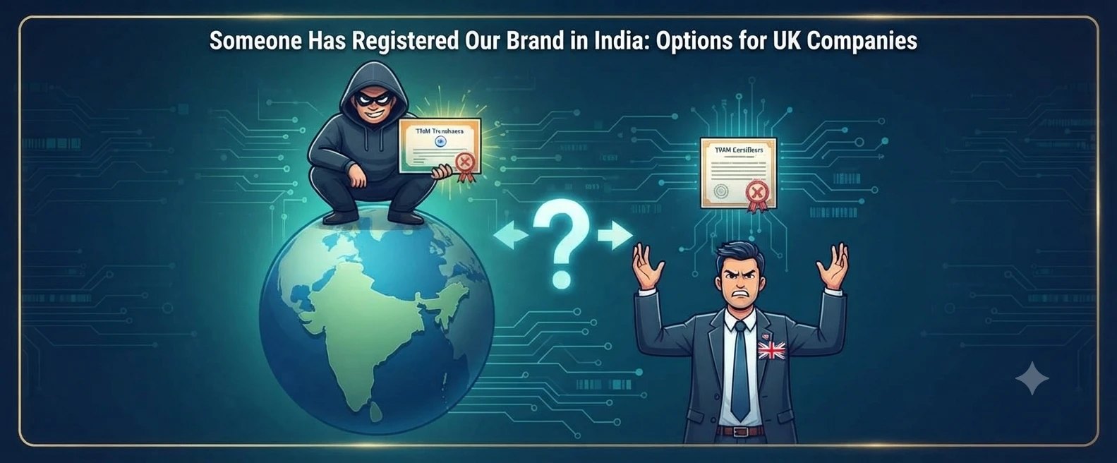 A hooded squatter crouching on a globe marked with India and holding a trade mark certificate, facing a frustrated British executive with a question mark between them.