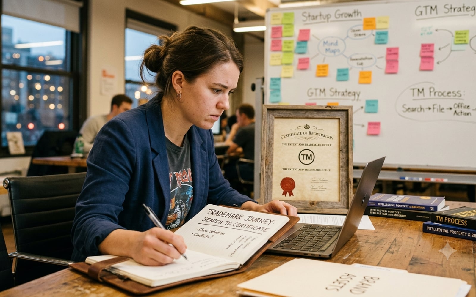 A founder at a startup desk writing out the trademark registration process from search to certificate, with a framed registration certificate and a whiteboard beside her.