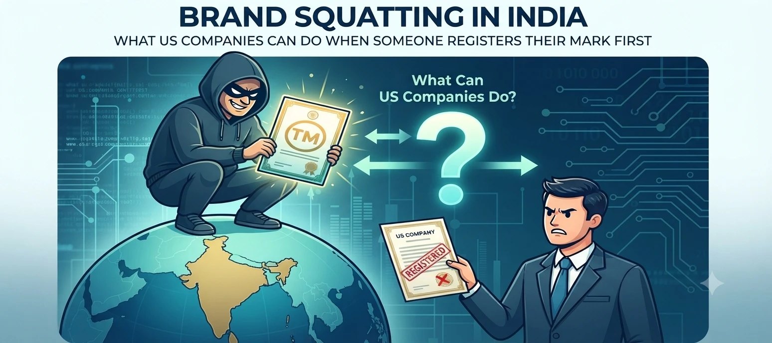 An illustration of a hooded squatter holding a trademark certificate on a globe marked with India, facing a frustrated US company representative holding a certificate marked registered, with the question what can US companies do.