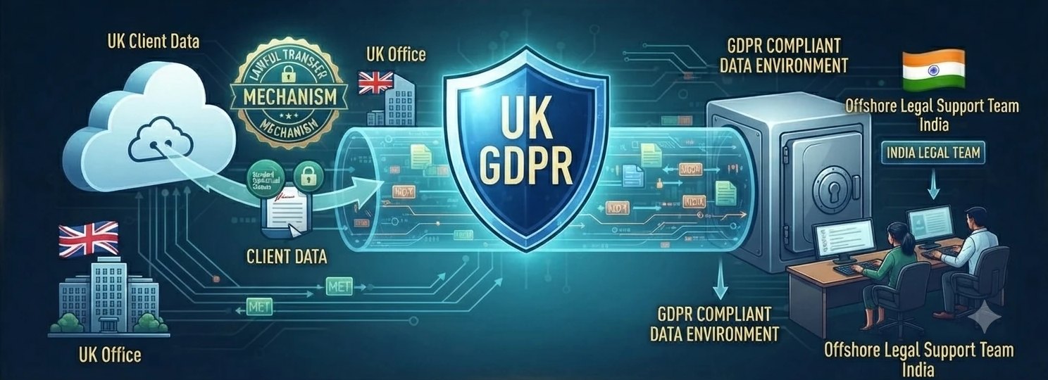 An illustration of UK client data in a cloud passing through a UK GDPR shield and a lawful transfer mechanism into a secure GDPR-compliant data environment used by an offshore legal support team in India.