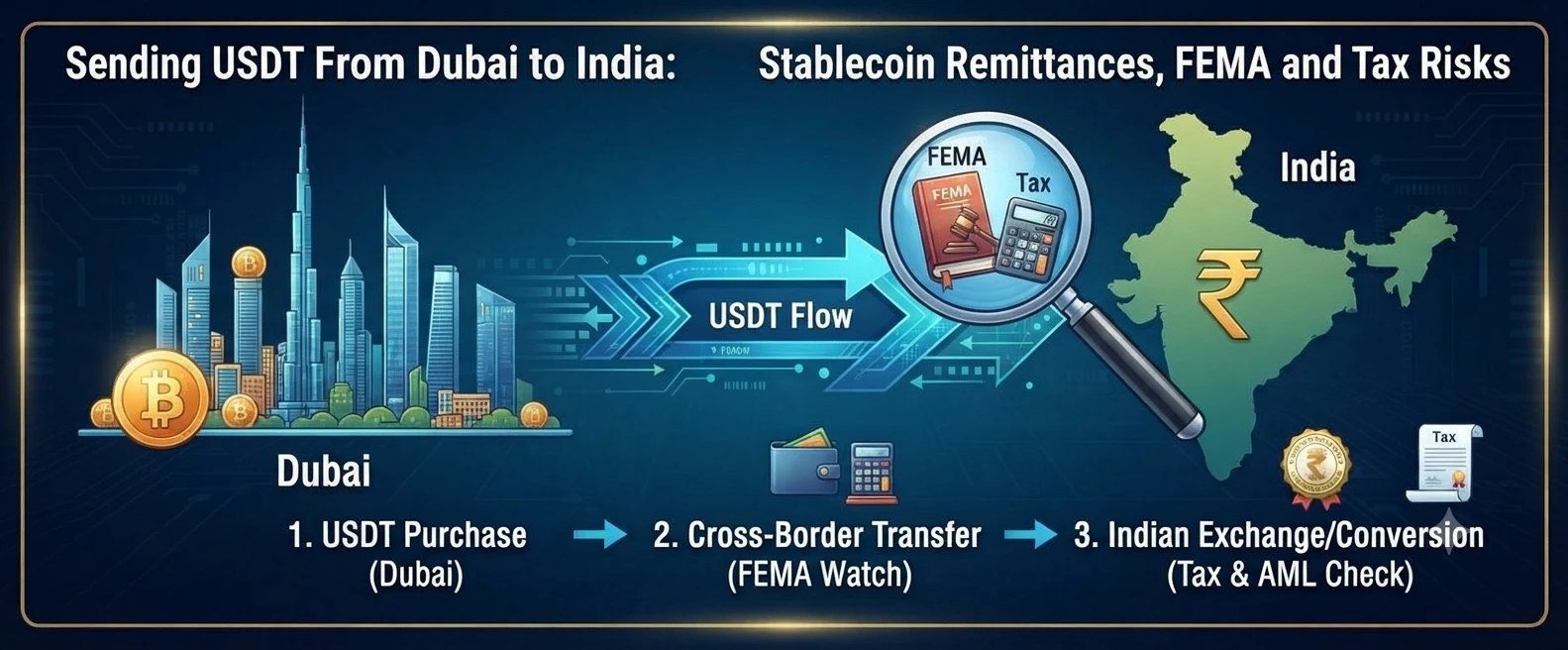 An illustration of a Dubai skyline, a USDT flow arrow passing under a magnifying glass marked FEMA and Tax, and a map of India with a rupee symbol, on a navy and gold background.