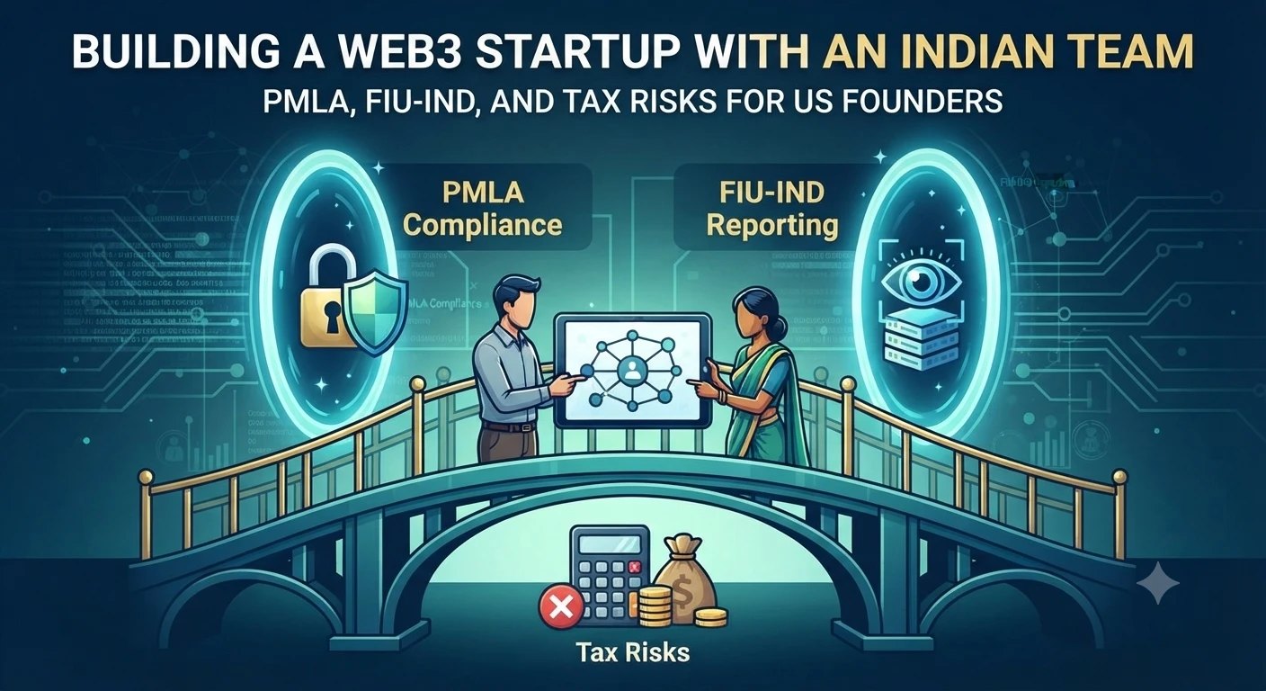 Two colleagues, one American and one Indian, working on a network diagram on a bridge between glowing portals labeled PMLA compliance and FIU-IND reporting, with tax risks shown beneath the bridge.